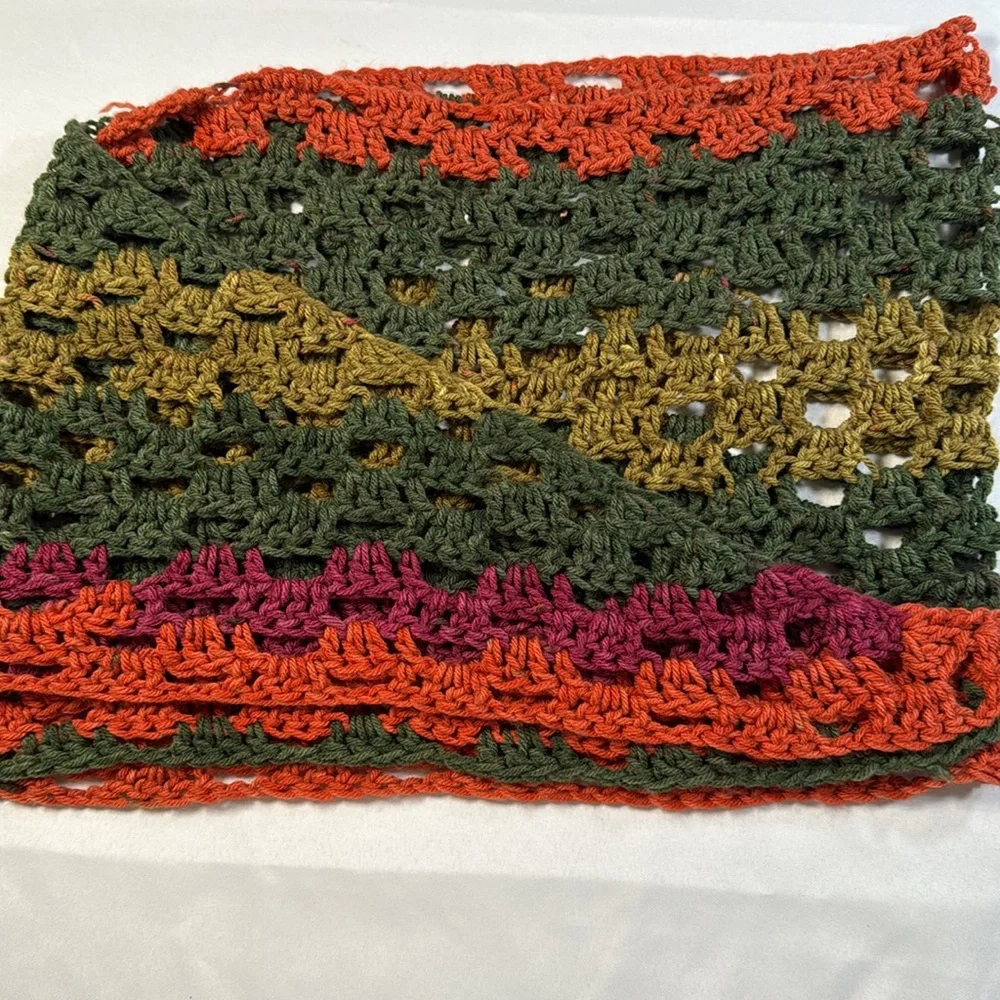 Vintage Handknit Scarf Green Orange Pink Cozy Boho‎ Cottagecore